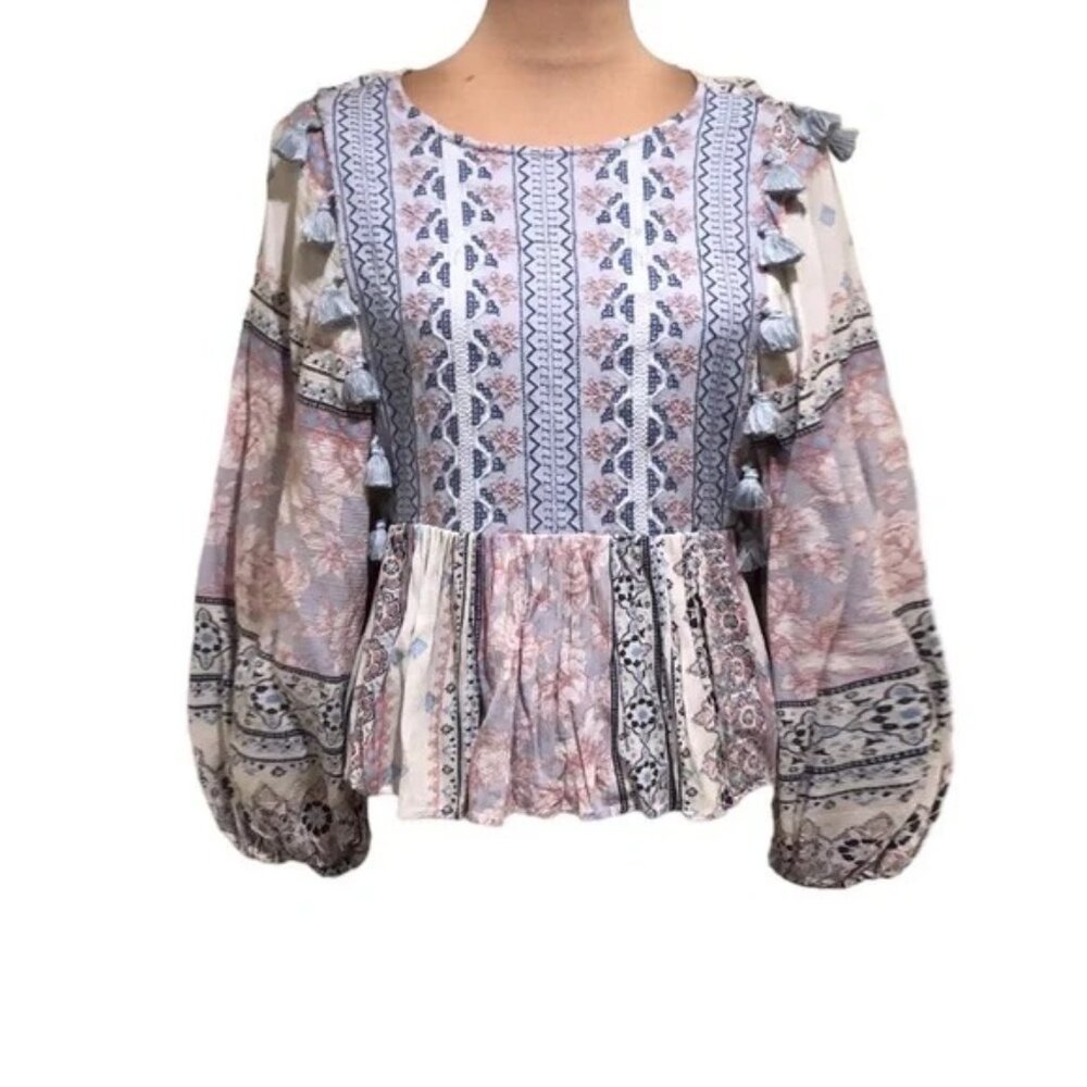 American Eagle ~Embroidered Pastel Floral Peasant Tassels Top in size Large